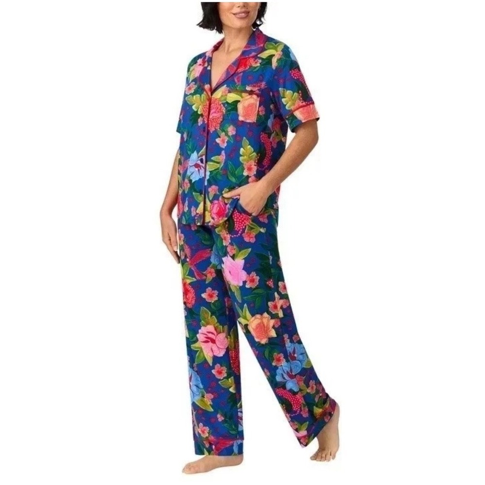 Room Service Notch Collar Pajamas Set Sz XL Blue Tropical Floral Print 2pc